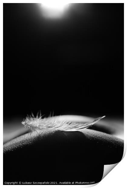 Feather on woman's behind Print by Łukasz Szczepański