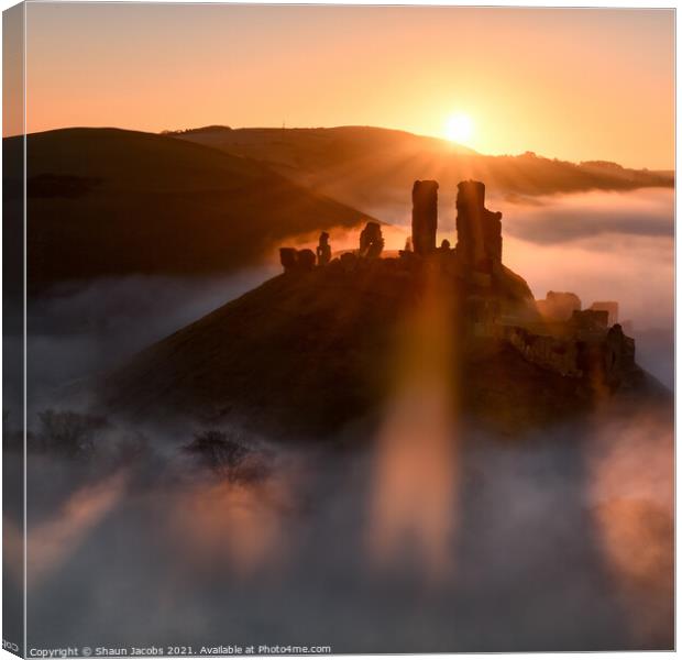 Magical misty morning at Corfe castle  Canvas Print by Shaun Jacobs