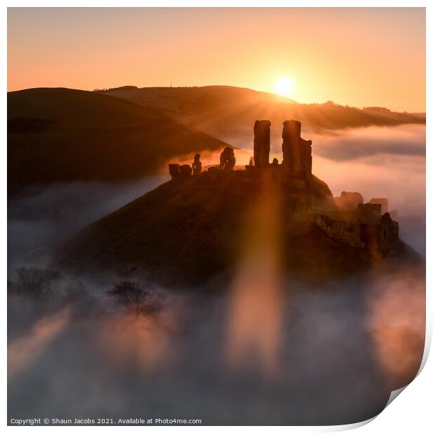 Magical misty morning at Corfe castle  Print by Shaun Jacobs