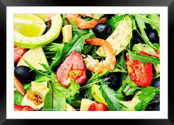 Summer salad with shrimps and strawberries,close up Framed Mounted Print by Mykola Lunov Mykola