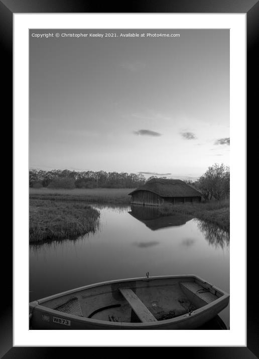Black and white Hickling Broad boat Framed Mounted Print by Christopher Keeley