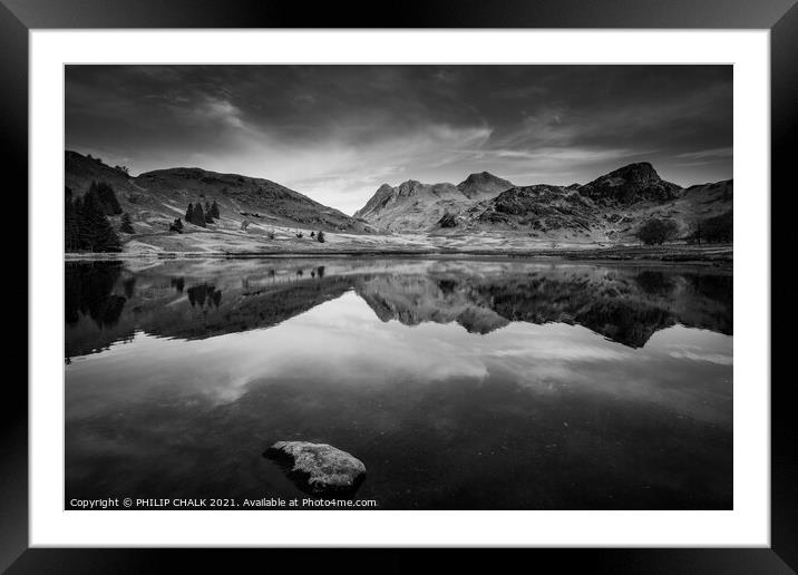 Blea tarn with the langdale mountain range reflection 503 black and white,  Framed Mounted Print by PHILIP CHALK