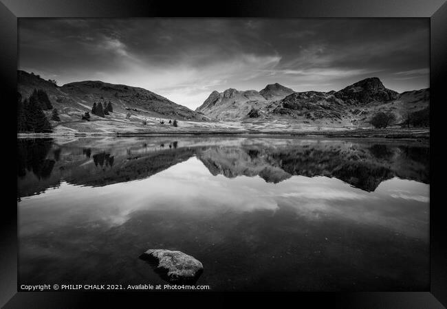 Blea tarn with the langdale mountain range reflection 503 black and white,  Framed Print by PHILIP CHALK