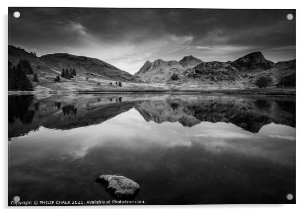 Blea tarn with the langdale mountain range reflection 503 black and white,  Acrylic by PHILIP CHALK