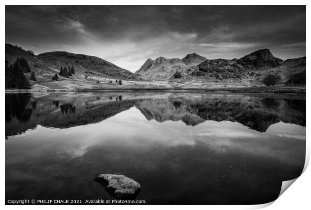 Blea tarn with the langdale mountain range reflection 503 black and white,  Print by PHILIP CHALK