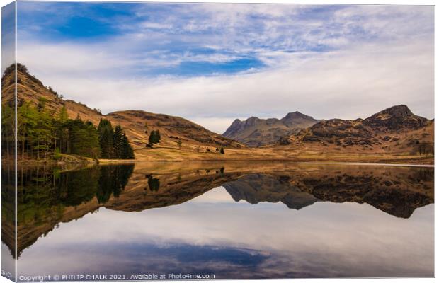 Blea tarn reflection with the langdale mountains 504  Canvas Print by PHILIP CHALK
