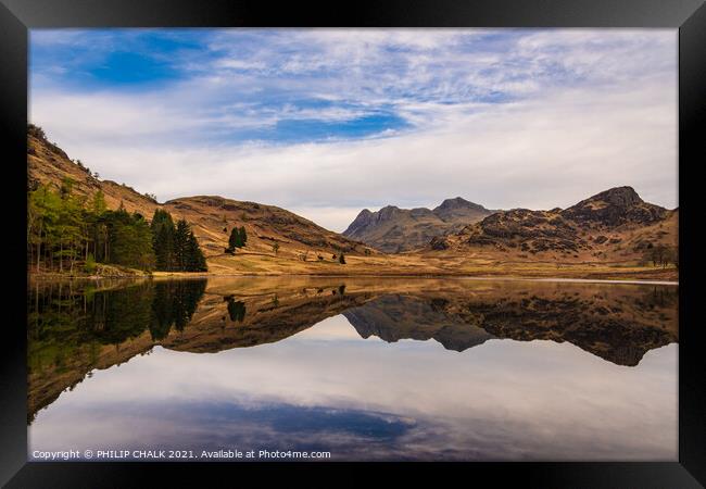 Blea tarn reflection with the langdale mountains 504  Framed Print by PHILIP CHALK