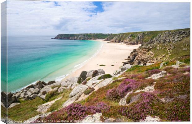 Porthcurno beach from Treen Cliffs, Cornwall Canvas Print by Justin Foulkes