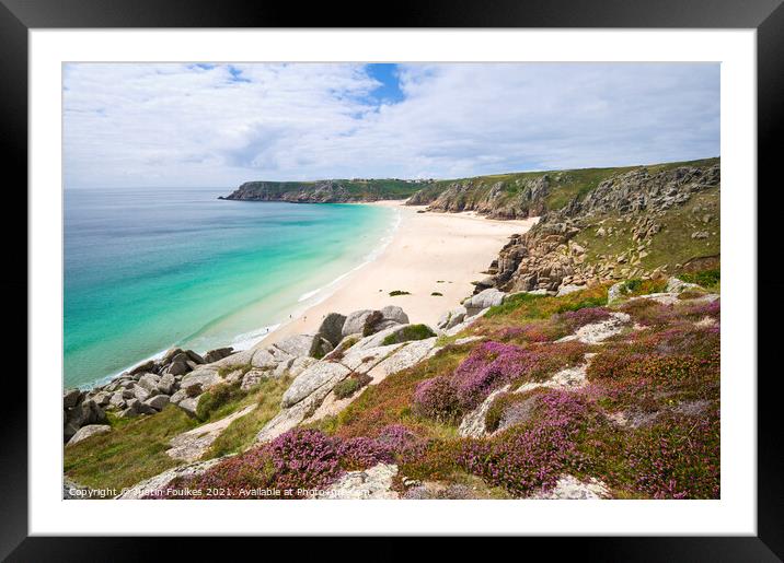 Porthcurno beach from Treen Cliffs, Cornwall Framed Mounted Print by Justin Foulkes