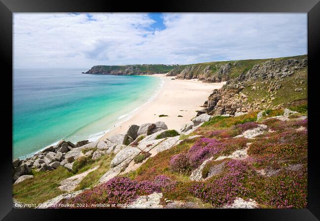Porthcurno beach from Treen Cliffs, Cornwall Framed Print by Justin Foulkes
