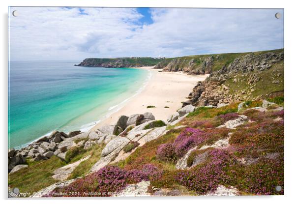 Porthcurno beach from Treen Cliffs, Cornwall Acrylic by Justin Foulkes