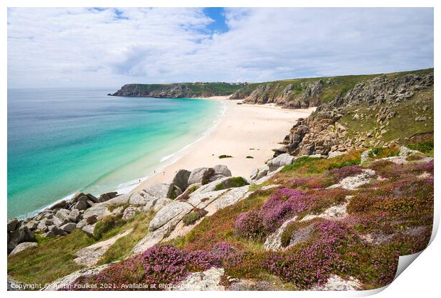 Porthcurno beach from Treen Cliffs, Cornwall Print by Justin Foulkes