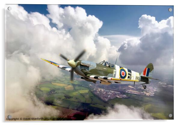 Spitfire breaks through the clouds Acrylic by David Stanforth