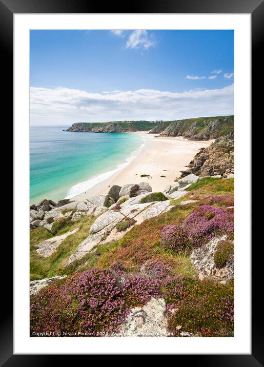 Porthcurno beach from the heather covered cliffs a Framed Mounted Print by Justin Foulkes