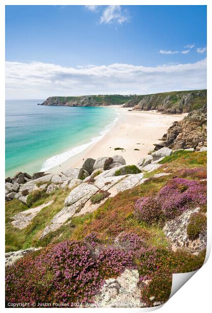 Porthcurno beach from the heather covered cliffs a Print by Justin Foulkes