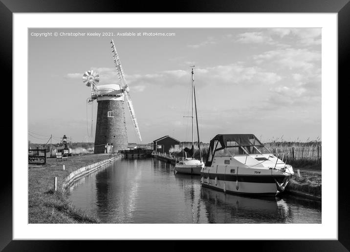 Black and white Horsey Windpump Framed Mounted Print by Christopher Keeley