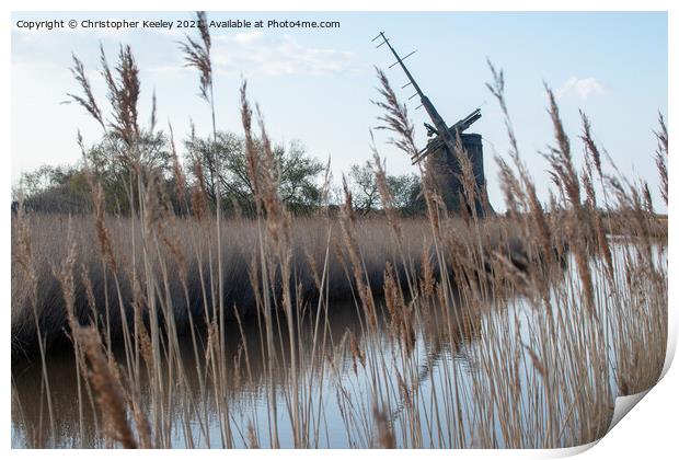 Brograve Mill through the reeds Print by Christopher Keeley