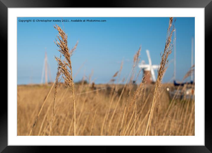 Horsey Windpump through the reeds Framed Mounted Print by Christopher Keeley