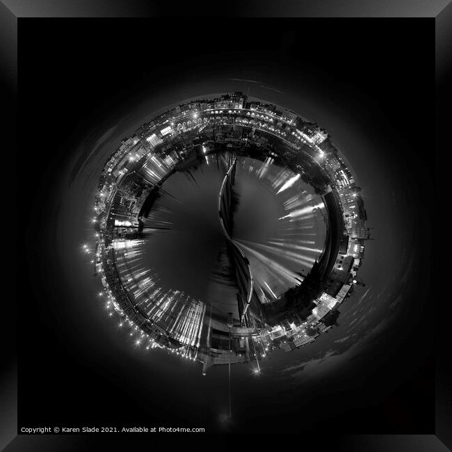 Spiral Ramsgate Harbour at night in black and white Framed Print by Karen Slade