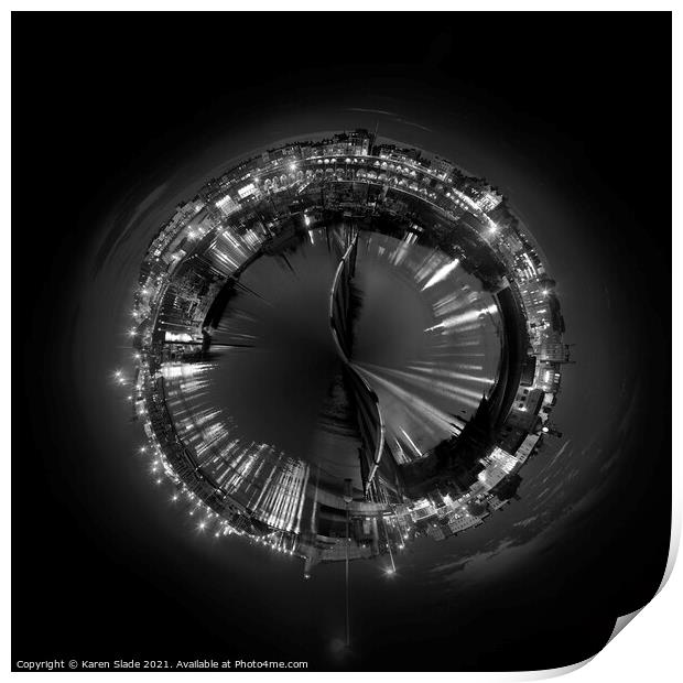 Spiral Ramsgate Harbour at night in black and white Print by Karen Slade