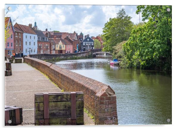 Norwich, Norfolk, UK – May 11 2021. The historic Quayside along the River Wensum in the city of Norwich, Norfolk. The traditional properties along this pedestrianised road have stunning interrupted views across the River Wensum all the way to Fye Bridge Acrylic by Chris Yaxley