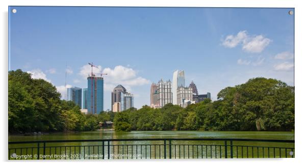 Atlanta Skyline Past Patio on Lake Acrylic by Darryl Brooks
