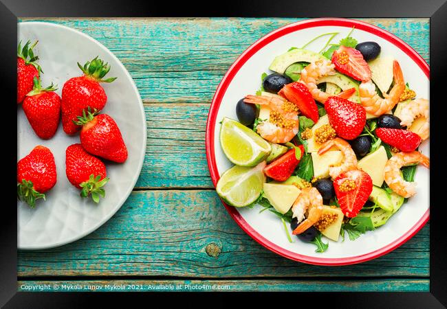 Summer salad with shrimps and strawberries Framed Print by Mykola Lunov Mykola
