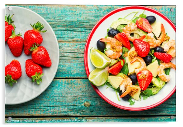 Summer salad with shrimps and strawberries Acrylic by Mykola Lunov Mykola