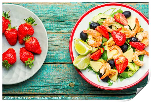 Summer salad with shrimps and strawberries Print by Mykola Lunov Mykola