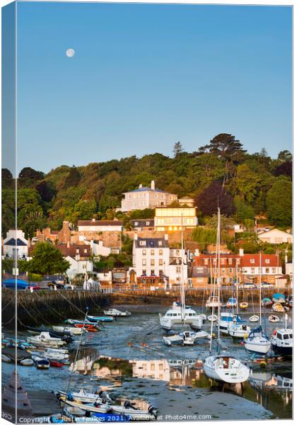 Full moon over the harbour, St. Aubin, Jersey, Channel Islands Canvas Print by Justin Foulkes
