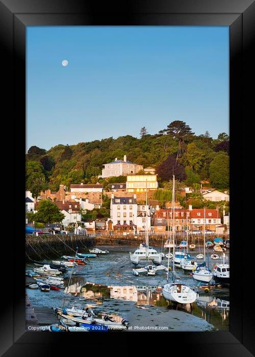Full moon over the harbour, St. Aubin, Jersey, Channel Islands Framed Print by Justin Foulkes