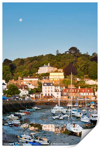 Full moon over the harbour, St. Aubin, Jersey, Channel Islands Print by Justin Foulkes