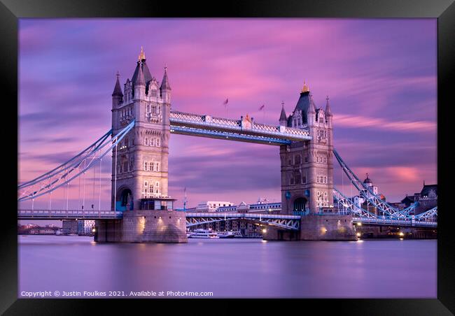 Tower Bridge at dusk, River Thames, London Framed Print by Justin Foulkes
