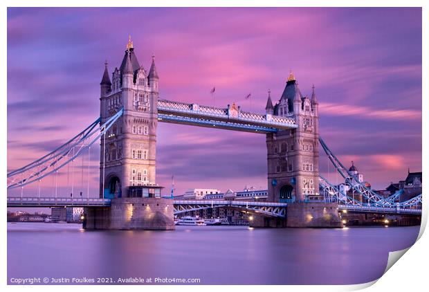 Tower Bridge at dusk, River Thames, London Print by Justin Foulkes