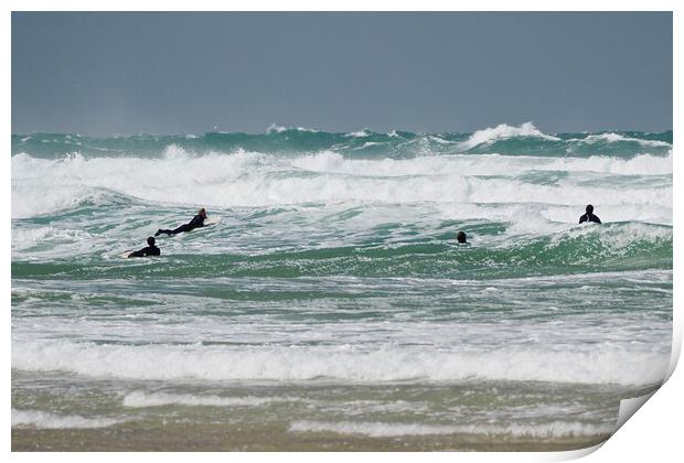 Surfers and waves at Perranporth Print by mark humpage