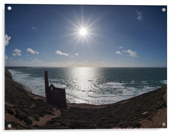 Sun shining over Wheal Coates ruins coast path Acrylic by mark humpage