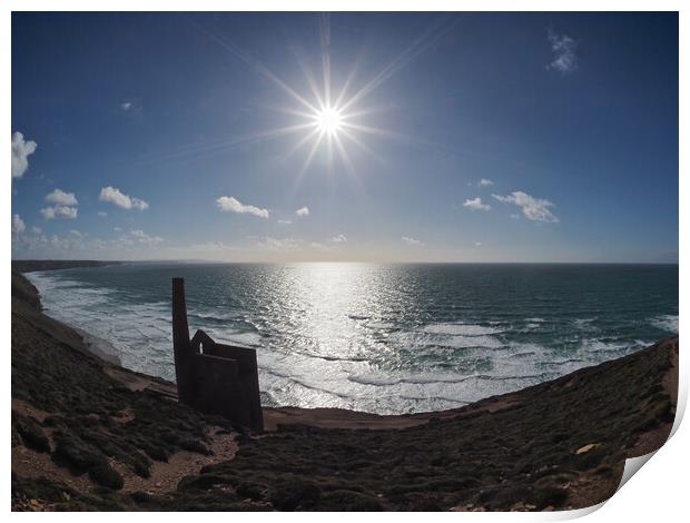 Sun shining over Wheal Coates ruins coast path Print by mark humpage