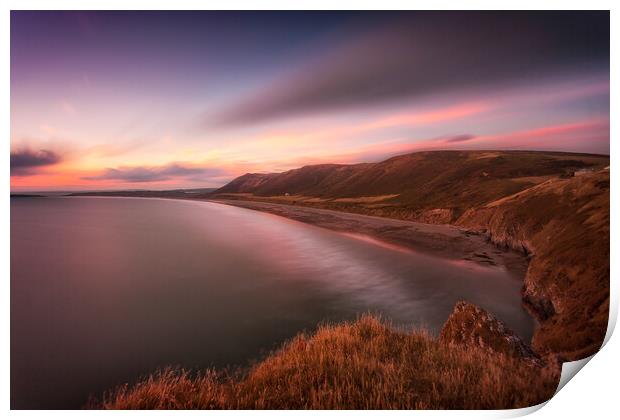 Sunset at Rhossili Bay, South Wales Print by Leighton Collins