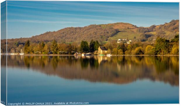 Coniston water boat house reflection in the lake district Cumbria 505  Canvas Print by PHILIP CHALK