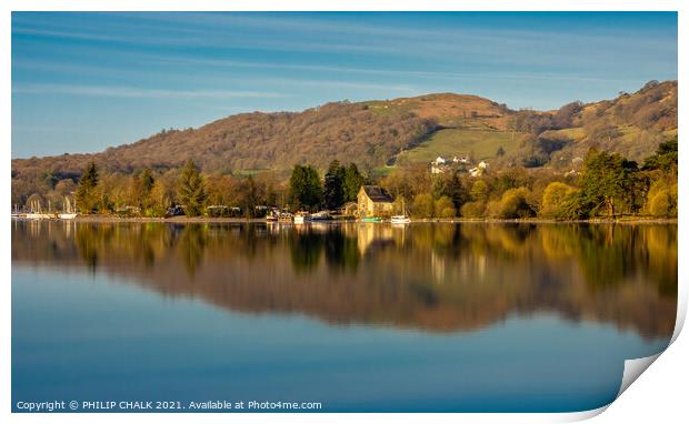 Coniston water boat house reflection in the lake district Cumbria 505  Print by PHILIP CHALK