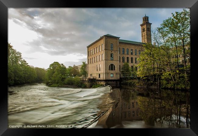 Morning Reflections Of Salts Mill Framed Print by Richard Perks