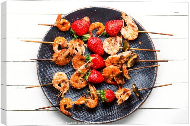 Grilled tiger shrimps skewers with strawberries Canvas Print by Mykola Lunov Mykola