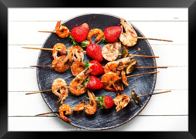 Grilled tiger shrimps skewers with strawberries Framed Print by Mykola Lunov Mykola