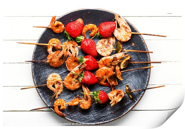 Grilled tiger shrimps skewers with strawberries Print by Mykola Lunov Mykola