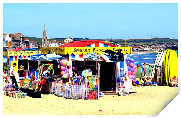 Shop on the beach at Weymouth  Print by john hill