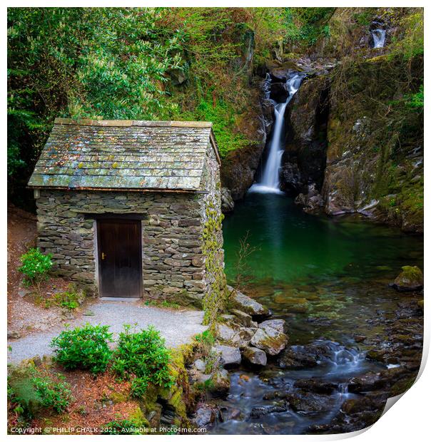  Rydal hall waterfall and viewing hut in the lake district Cumbria 508 Print by PHILIP CHALK