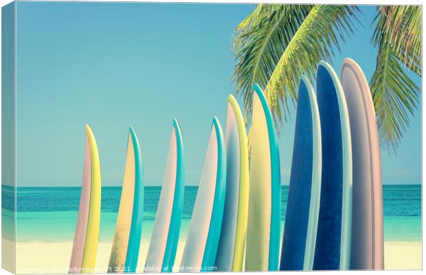 Surfboards on a beach. Surf decor Canvas Print by Delphimages Art