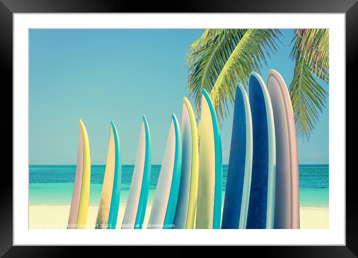 Surfboards on a beach. Surf decor Framed Mounted Print by Delphimages Art