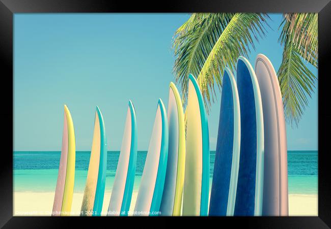 Surfboards on a beach. Surf decor Framed Print by Delphimages Art