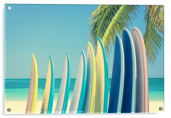 Surfboards on a beach. Surf decor Acrylic by Delphimages Art